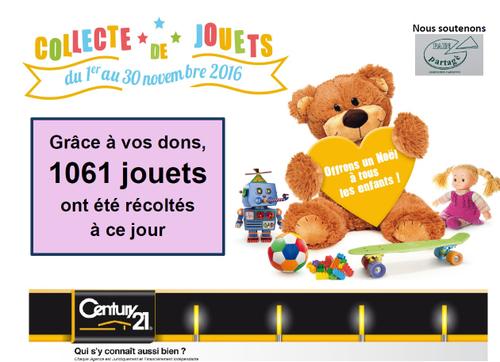 1061 jouets pour la récolte 2016 faite par l'agence immobilière Century 21 CAI de Carquefou au profit de l'association Pain Partagé