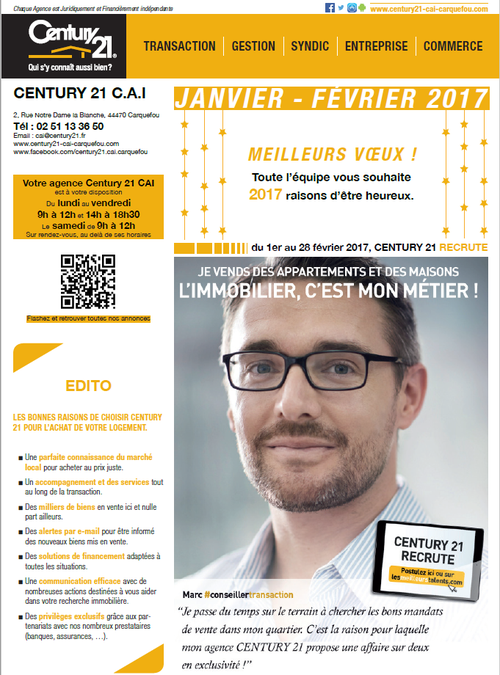 le journal janvier février 2017 de l'agence immobilière Century 21 CAI de Carquefou
